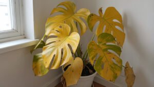 Yellowing leaves on a monstera plant caused by low light in a small apartment corner